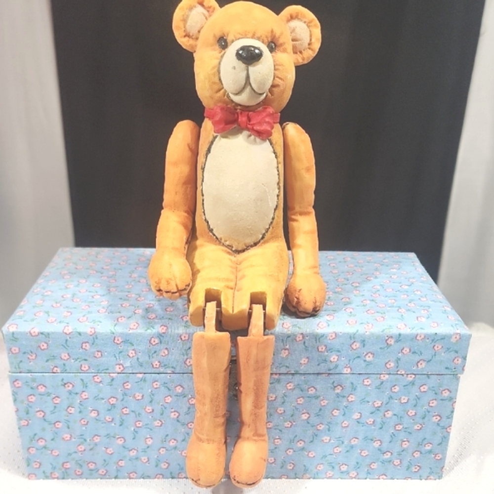 Vintage Sit Position Jointed Bear with Red Bow